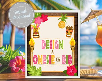 Luau Design a Onesie or Bib Sign: Tiki Hawaiian Baby Shower Activity (Digital Download)