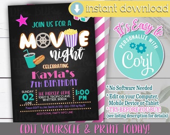 Movie Night Invitation, Girl Movie Night, Movie Night Invitation, Movie Night Party, Movie Night Invitation Template, Movie Night Invite, MG