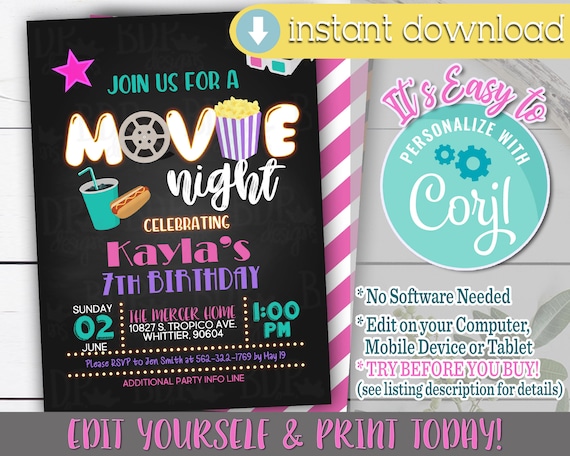 Movie Night Invitation, Girl Movie Night, Movie Night Invitation, Movie Night Party, Movie Night Invitation Template, Movie Night Invite, MG Il_570xn