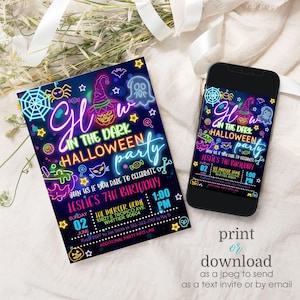 May include: A neon glow-in-the-dark Halloween party invitation with a black background and colorful neon accents. The invitation features a witch's hat, a ghost, a spider, and candy. The text reads "Glow in the Dark Halloween Party" and "Join us if you dare to celebrate Leslie's 7th Birthday". The invitation also includes the date, time, and location of the party.