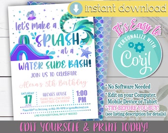 Mermaid Waterslide Birthday Invitation, Water Slide Birthday Invitation, Water Slide Birthday, Mermaid Waterslide, Mermaid Water Slide, Girl