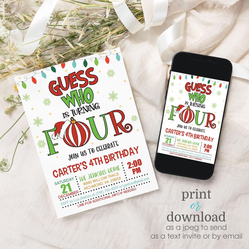 May include: A Christmas-themed birthday invitation for a child turning four. The invitation features a red and green ornament with a Santa hat on top. The text on the invitation reads "Guess Who is Turning Four" and includes the date, time, and location of the party.