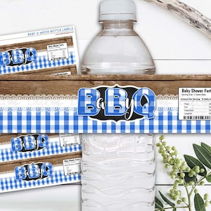 Baby Q Water Bottle Label, Blue, Baby-Q Baby Shower, Couples Co-Ed Backyard BBQ, 8"x2", Download, Baby Shower, BBQ Water Bottle Label