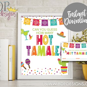 Juego de adivinanzas de tamales picantes para fiestas, decoración para fiesta de cumpleaños mexicana del Cinco de Mayo, imprimible, descarga de letreros.
