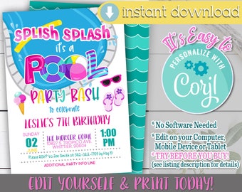 Pool Party Invitation, Pool Party Invitation Instant Download, Pool Party Invite, Pool Party Invitation Girl, Pool Party Invitation Template