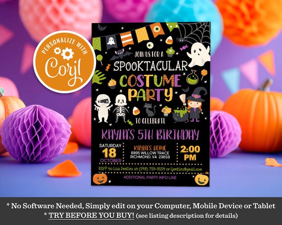 Halloween Costume Birthday Invitation, Spooktacular Party Theme (Editable Digital Download)