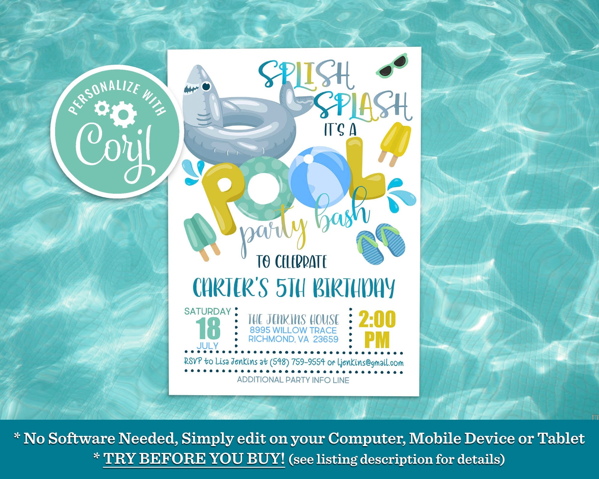 Shark Pool Party Invitation: Editable Birthday Template (Digital Download)