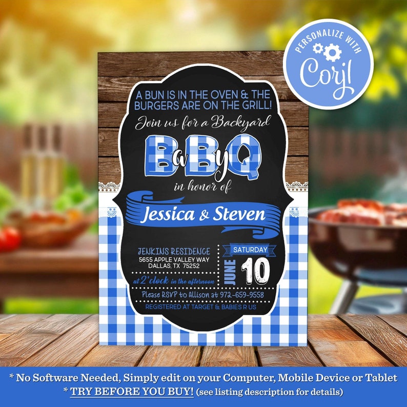 Baby Q Baby Shower Invitation Boy Blue Gingham Backyard BBQ Coed Baby Shower Editable Printable Instant Download Digital Template Invite