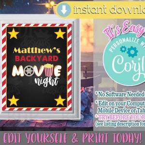 Editable Backyard Movie Night Sign: Party Decor (Digital Download)