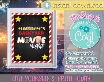 Bearbeitbares Backyard Movie Night Sign: Party Decor (Digitaler Download)