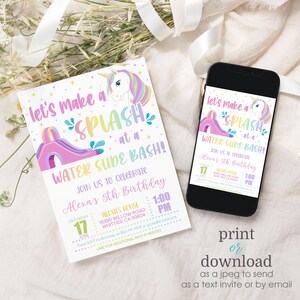May include: A printable invitation for a water slide party with a unicorn theme. The invitation features a pink and purple water slide with a rainbow and a unicorn with a rainbow mane. The text on the invitation reads "Let's make a splash at a water slide bash!" and "Join us to celebrate Alexa's 5th birthday".