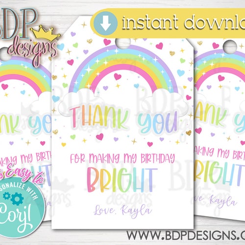 Rainbow Birthday Thank You Tag Pastel Rainbow Party Gift Tag Etsy