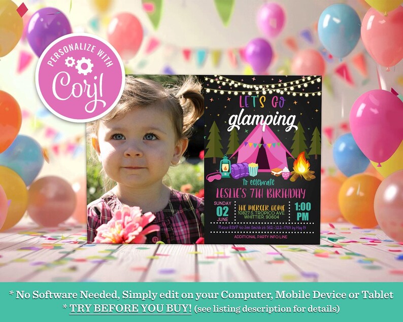 Let's Go Glamping Birthday Invitation Camping Sleepover Slumber Party Camping Editable Printable Instant Download Digital Template Invite
