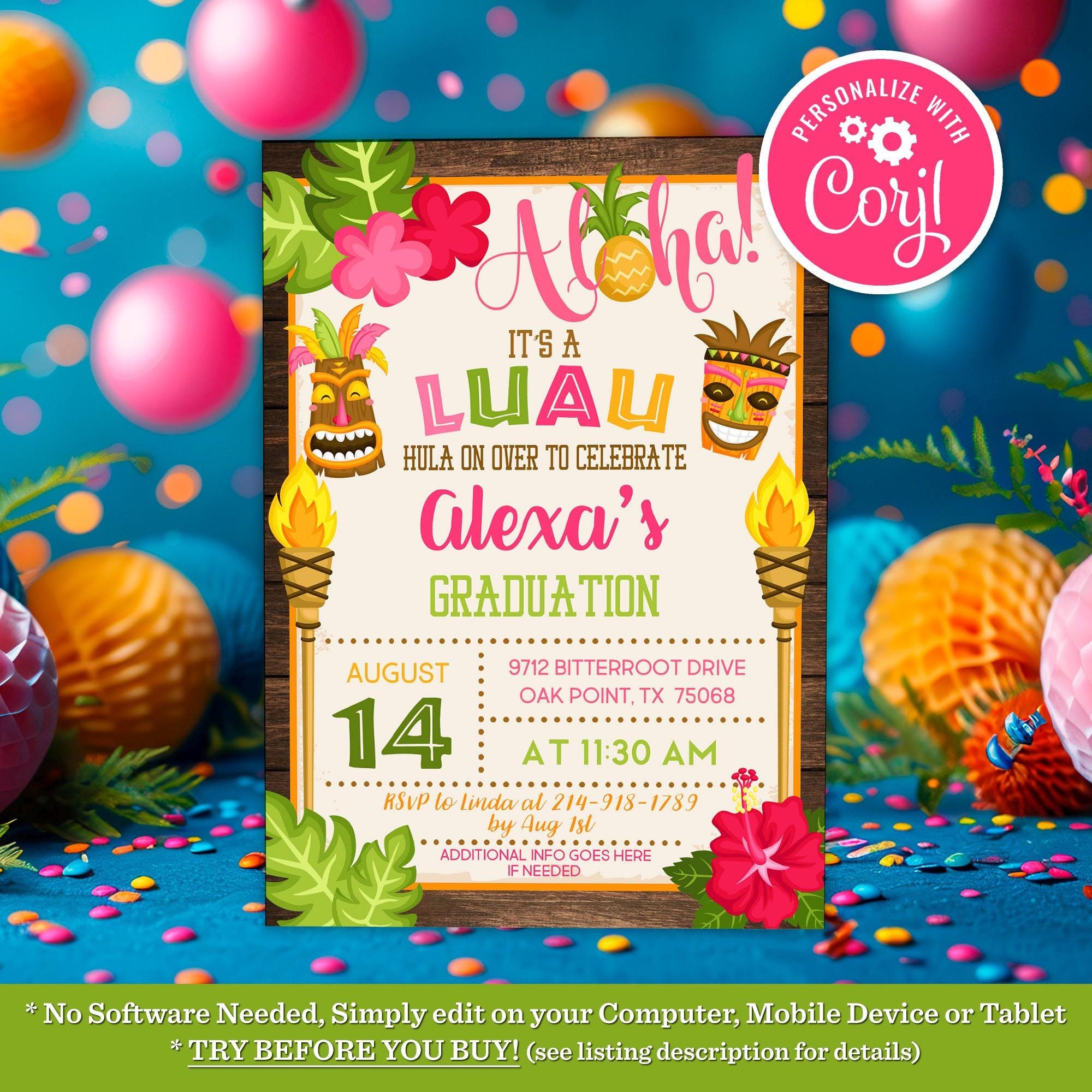 Luau Graduation Invitation Tropical College Grad Party Hawaiian Theme Invitation Editable Printable Instant Download Digital Template Invite