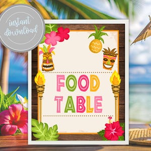 Letrero de mesa para comida luau: Decoración tropical para fiesta tiki (descarga digital)