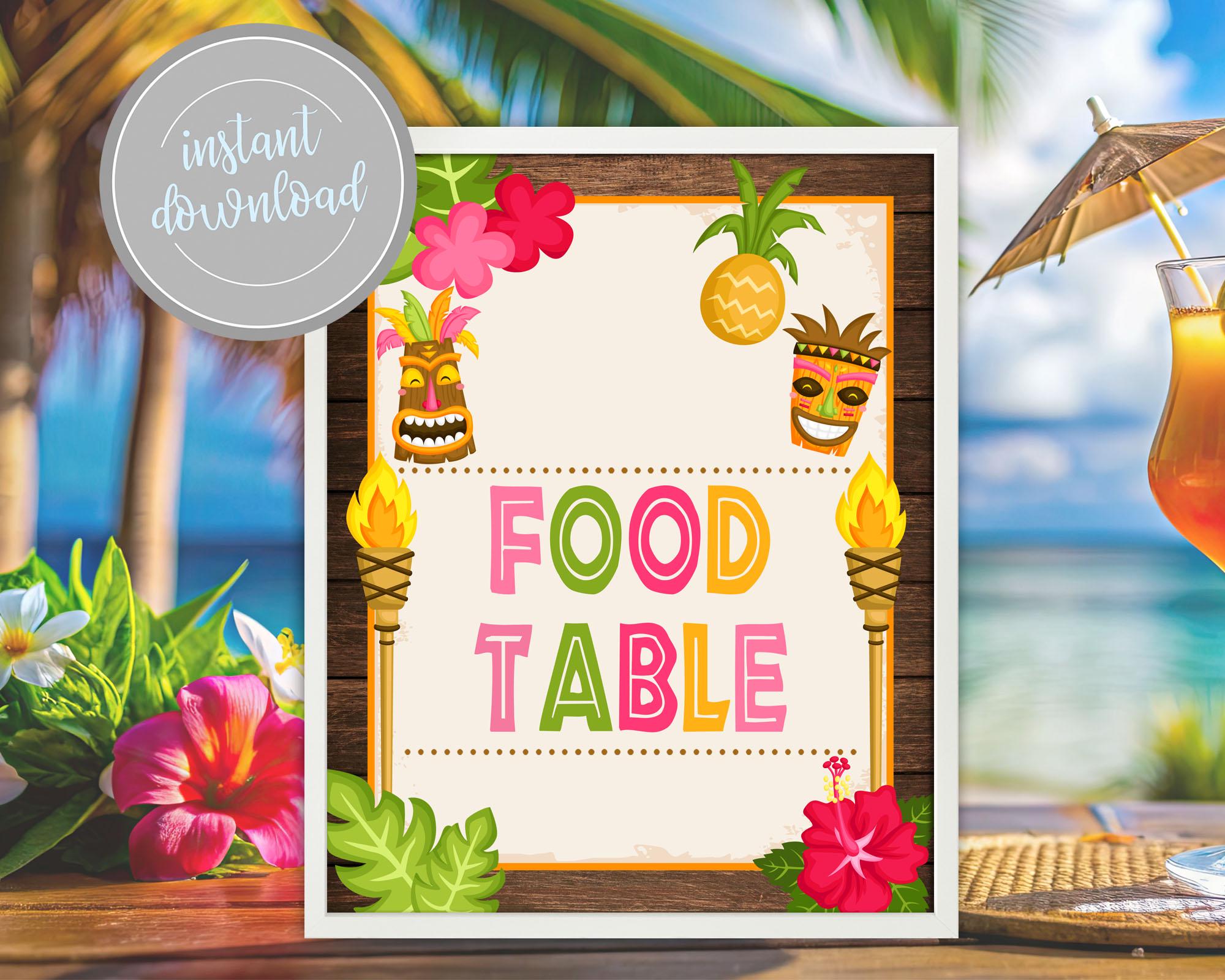 LUAU Food Table Sign, Tiki Tropical Hawaiian Beach Pineapple Baby Shower Birthday Bridal Shower Party Theme Decor Printable Instant Download