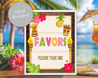 Luau Favors Sign: Tiki Hawaiian Theme Party Decor (Digital Download)