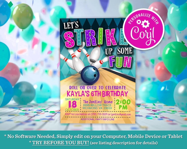 Bowling Birthday Party Invitation Girl Let's Strike Up Some Fun Editable Printable Instant Download Digital Template Invite