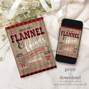 May include: A printable invitation for a flannel and friends backyard bonfire party. The invitation features a rustic wood background with red and black buffalo plaid accents. The text reads "Join us for a Flannel & Friends Backyard Bonfire" with the date, time, and location details below.