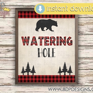 Lumberjack Watering Hole Sign: Bear & Trees Party Decor (Digital Download)