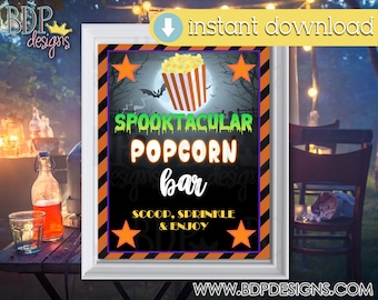 Halloween Popcorn Bar Sign: Spooky Movie Night Decor (PDF & JPEG)