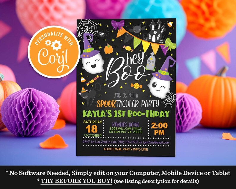 Editable Halloween Ghost Birthday Invitation Hey Boo Girly Cute Ghost Birthday Party Spooktacular Halloween Party Instant Download Template