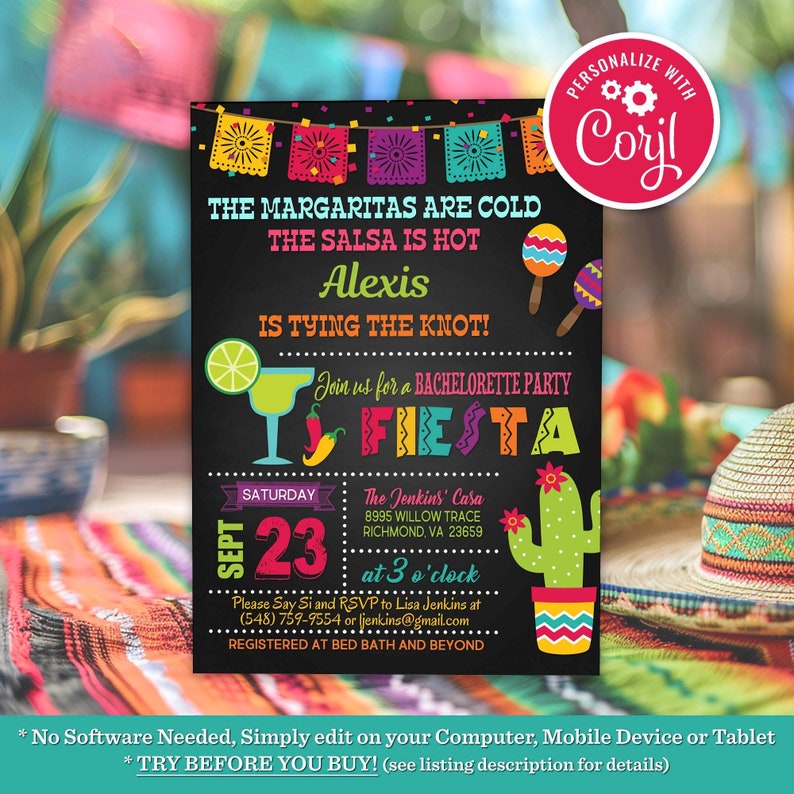 Fiesta Bachelorette Party Invitation Wedding Mexican Fiesta Cactus Shower Taco Bout Love Invite Editable Printable Instant Download Template