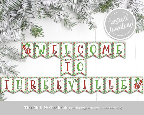 Welcome to THREEville Banner, Grinch Banner, Grinch Party, Grinch Party Decor, Grinch Birthday Party Decor, Grinch Birthday Party Decoration Il_570xn