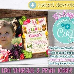 Luau Birthday Invitation Hawaiian Girl Tropical Summer Pool Party Invitation Editable Printable Instant Download Digital Template Invite