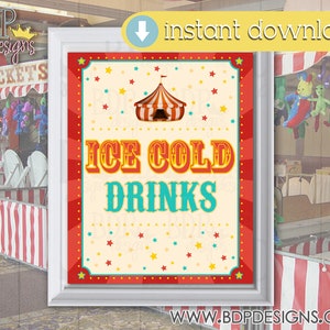 Ice Cold Drinks Sign, Carnival Signs, Carnival Theme Party, Carnival Birthday, Carnival Game Sign, Carnival Game, Carnival Signage, Circus
