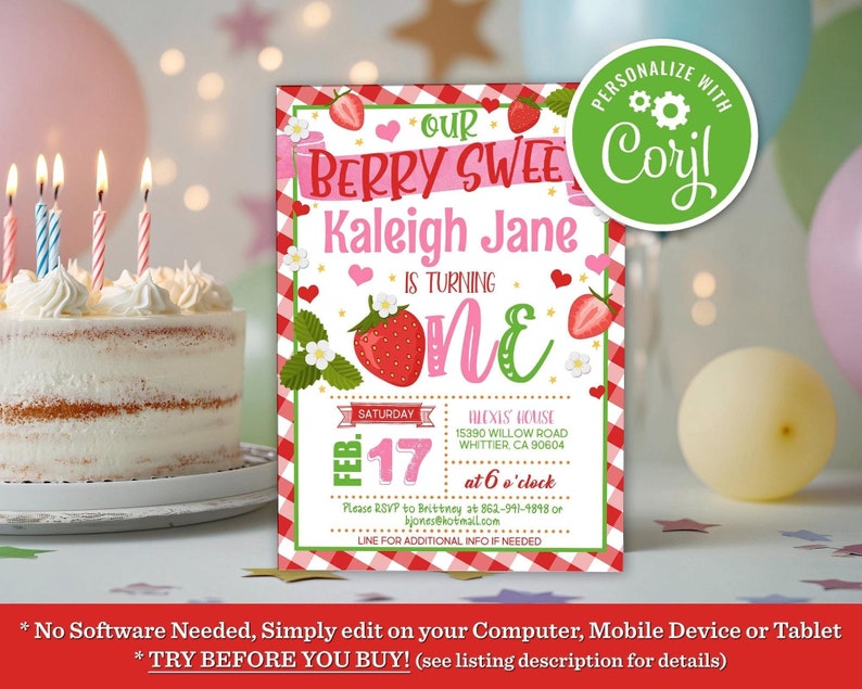 Berry Sweet Strawberry First 1st Birthday Invitation Girl Birthday Gingham Party Theme Invite Editable Printable Instant Download Template