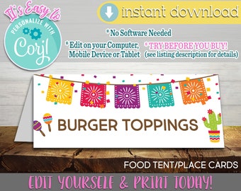 May include: Editable printable food tent or place card with a festive Mexican theme. The card features colorful paper flags, a cactus, maracas, and the text "BURGER TOPPINGS".