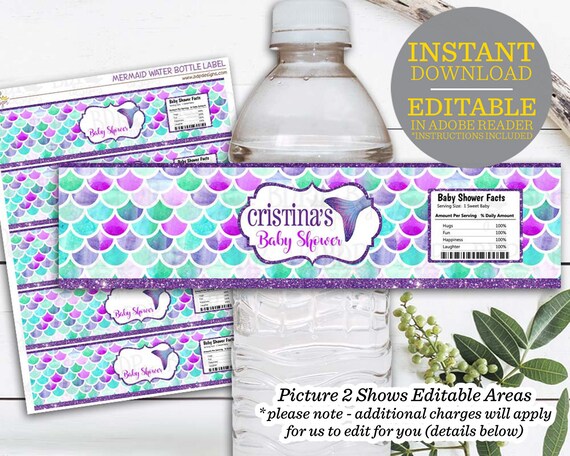 Mermaid Water Bottle Labels, Mermaid Baby Shower, Under the Sea Mermaid, Mermaid Printable, Editable Instant Download, Mermaid Decorations Il_570xn