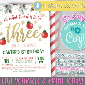 Christmas Birthday Invitation, Oh What Fun it is to Be THREE, Christmas Birthday, 3rd Birthday Invitation, Christmas 3rd Birthday, THREE, 3