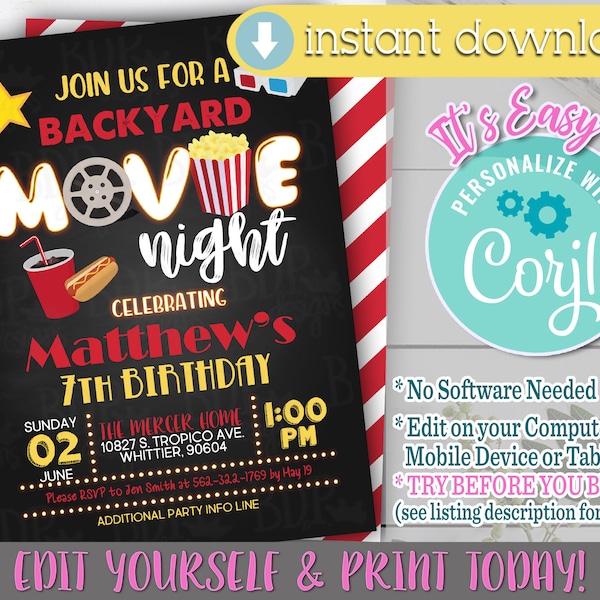 Backyard Movie Night Invitation, Movie Night Invitation, Movie Night Invitation Digital, Movie Night Invitation Template, Movie Night Invite