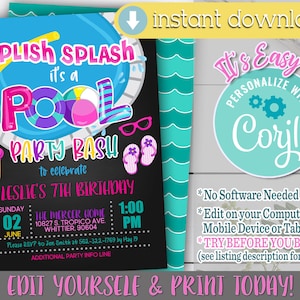 Pool Party Invitation, Pool Party Invitation Instant Download, Pool Party Invite, Pool Party Invitation Template, Pool Party Invitation Girl