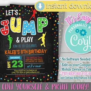 Boy&#39;s Jump Party Editable Invitation PDF, Instant Download, Bounce Birthday Invite