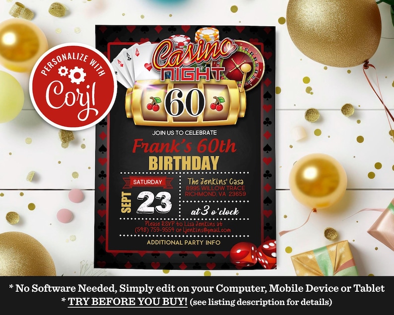 Casino Night 60th Birthday Invitation Sixty Surprise Vegas Theme Party Casino Royale Editable Printable Instant Download Template Invite