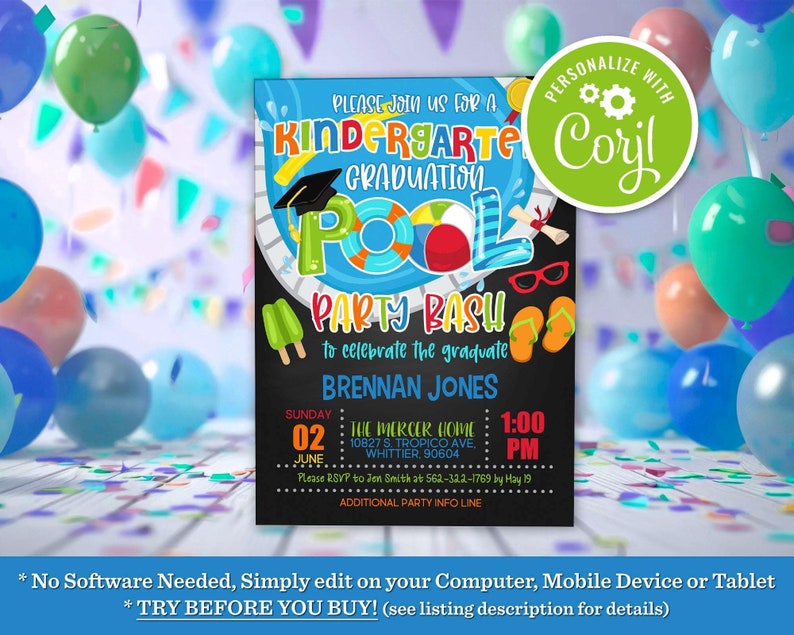 Kindergarten Graduation Pool Party Bash Invitation Grad Summer Swimming Party Editable Printable Instant Download Digital Invite Template