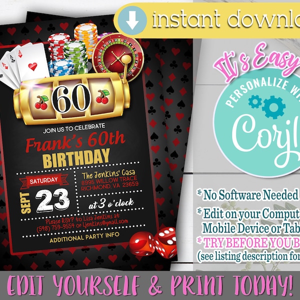 Casino Birthday Invitation, 60th Birthday Invitation, Casino Party Invitation, Casino Printable, Casino Party Theme, 60th Birthday, Casino