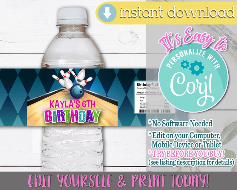 Bowling Water Bottle Label Bowling Birthday Party Bowling Party Girl Bowling Bowling Printable Bowling Party Decor Template