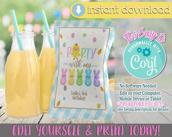 Party with My Peeps Chip Bag Template: Easter Birthday (Editable in Corjl)