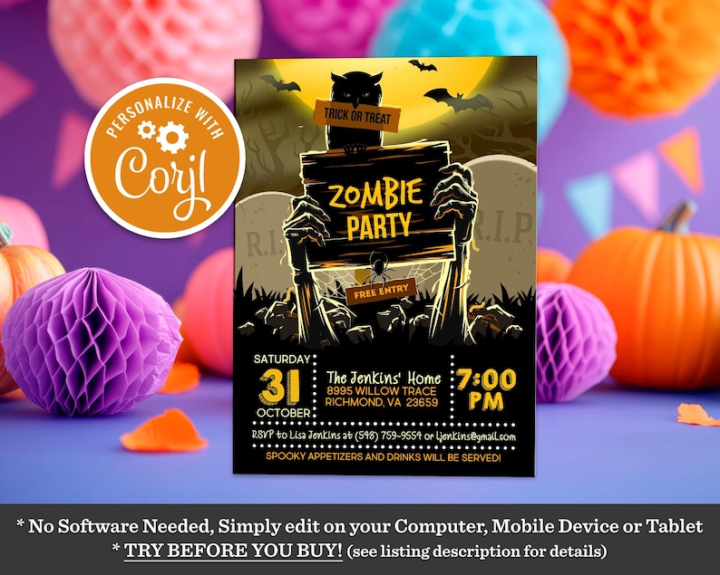 Zombie Birthday Invitation: Spooky Halloween Party, Editable Template (Digital Download) image 1