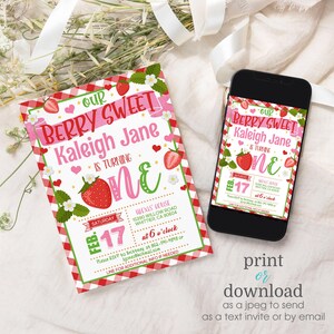 May include: A printable invitation for a first birthday party with a strawberry theme. The invitation features a red and white gingham pattern, strawberries, and the text "Our Berry Sweet Kaleigh Jane is turning one".