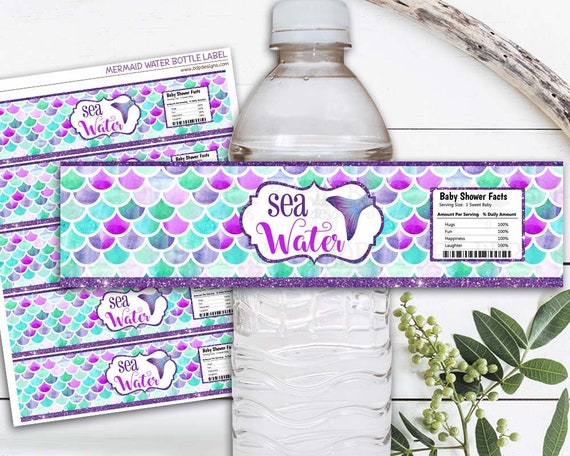 Mermaid Water Bottle Labels, Mermaid Baby Shower, SEA WATER Label, INSTANT Download, Under the Sea, Mermaid Printable, Mermaid Scales Il_570xn