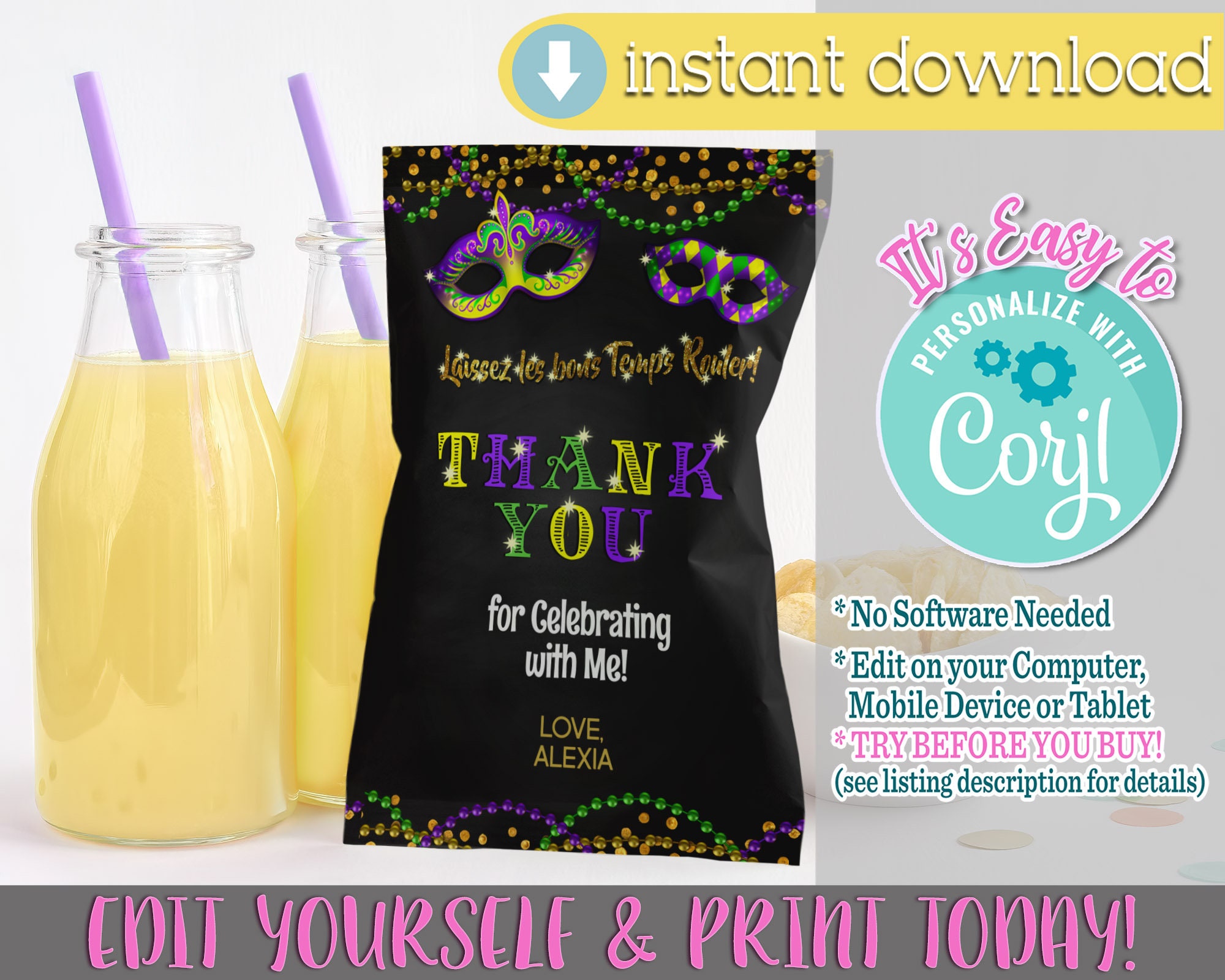 Mardi Gras Chip Bag, Mardi Gras Birthday, Mardi Gras Birthday.
