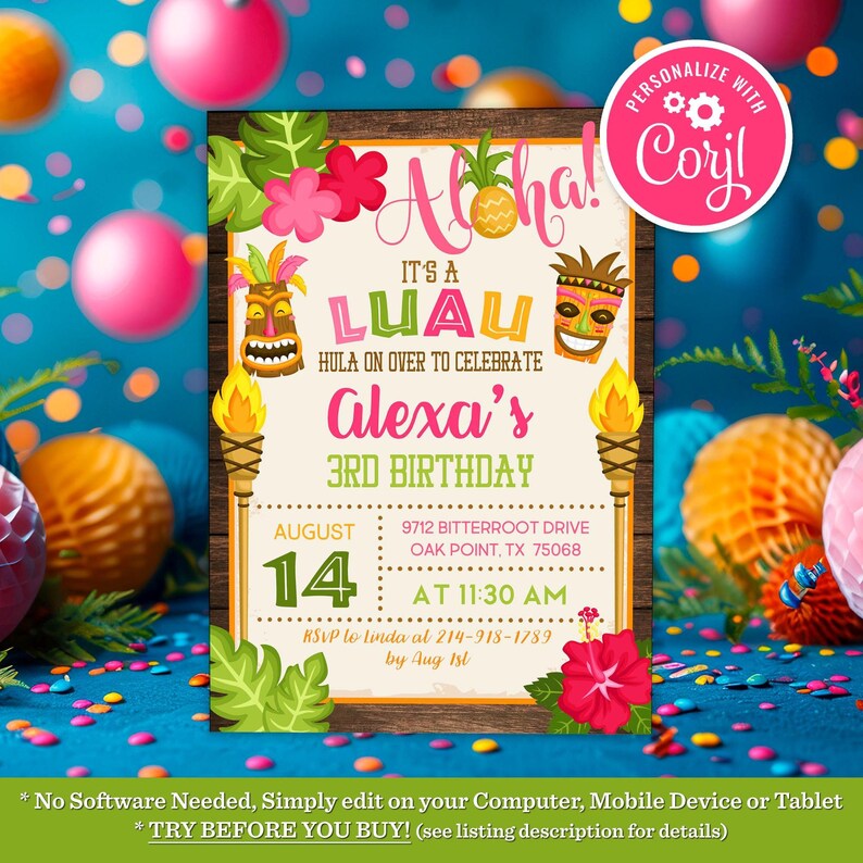 Luau Birthday Invitation Hawaiian Girl Tropical Summer Pool Party Invitation Editable Printable Instant Download Digital Template Invite