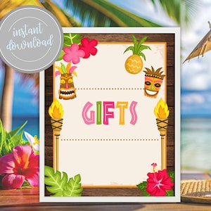 Letrero de regalo para Luau: Decoración tropical para fiesta Tiki (Descarga digital)