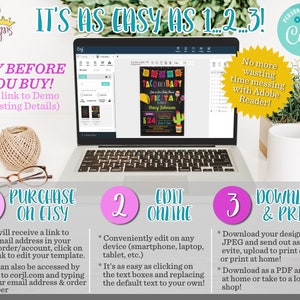 May include: A laptop displays a baby shower invitation template with a taco theme. The image includes the text "It's as easy as 1, 2, 3!" and instructions for purchasing, editing, and printing the design. A ball of twine and glasses are in the foreground.