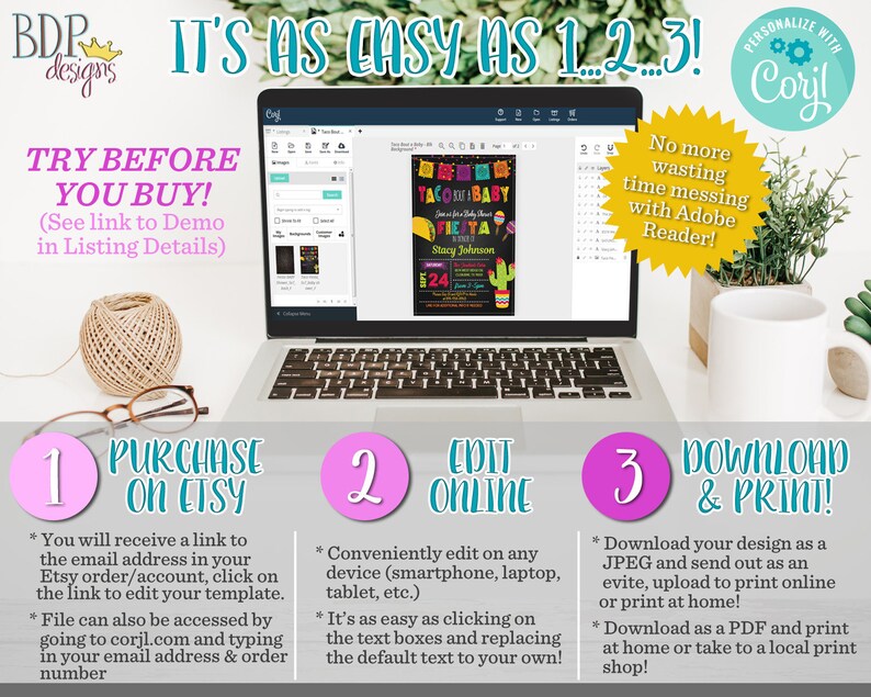 May include: A laptop displays a baby shower invitation template with a taco theme. The image includes the text "It's as easy as 1, 2, 3!" and instructions for purchasing, editing, and printing the design. A ball of twine and glasses are in the foreground.